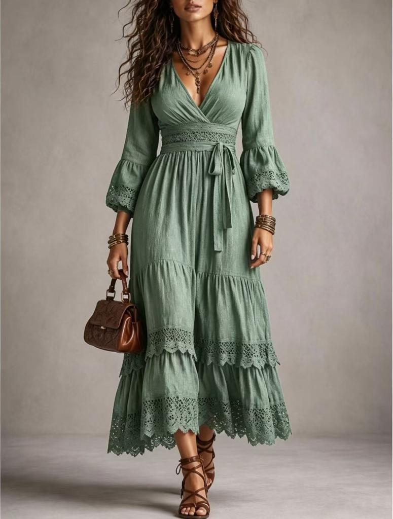 2026 Style de vacances européen et américain robe longue en coton et lin décolleté plongeant manches bouffantes dentelle ajourée dentelle dentelle sangle de taille combinaison mi-longue