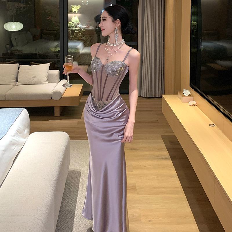 

French Celebrity Heavy Industry Fishbone Suspender Dress Women s Waist Temperament Hip-wrapped Long Dress Birthday Party Film Skirt L фіолетовий