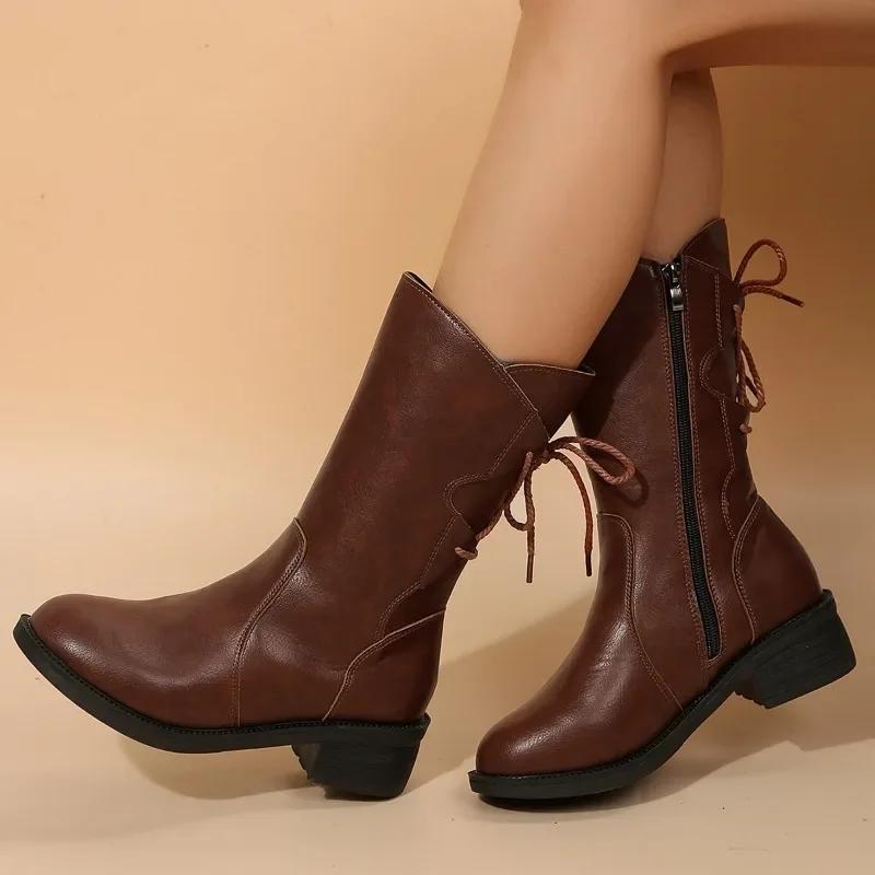 2024 High Quality Ladies Shoes Side Zipper Women's Boots Fashion Rear Lacing Modern Boots Women Winter Plus Size Mid-Calf Boots