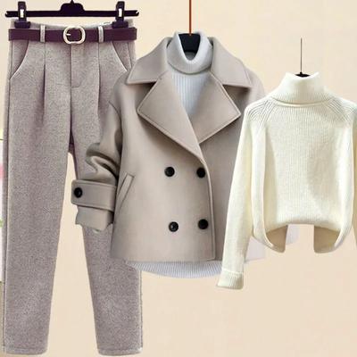 Casaco de lã de outono e inverno + suéter de gola alta + calças de lã harlan de cintura alta, terno de moda de três peças