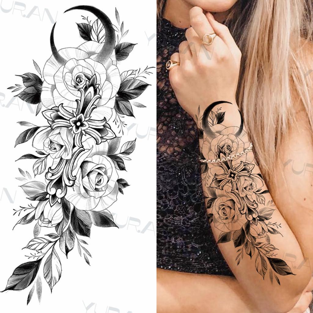 Zwarte Grote Slang Bloem Fake Tattoo Sticker Voor Vrouwen Dot Rose Pioen Tijdelijke Tattoos DIY Water Transfer Tatoos Meisjes
