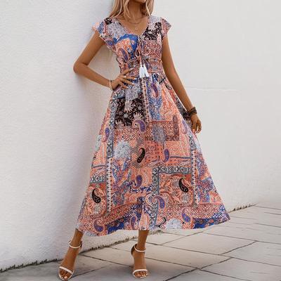 2026 Ethnic Style Summer Lace-Up Waist-Cinching Printed Long Dress for Women - TikTok Design Europe & America