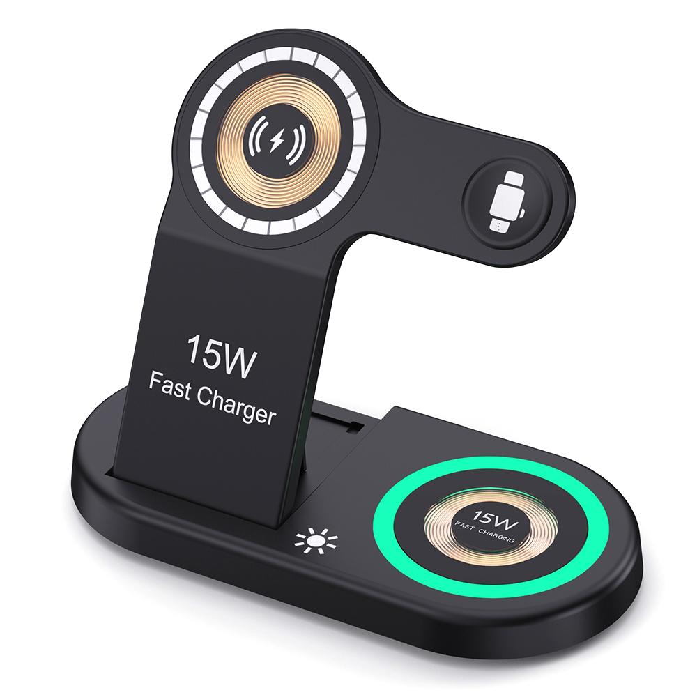 

H50 Foldable Magnetic Wireless Charger for iPhone 12-15 Series/iWatch/AirPods Charging Dock with Ambient Light