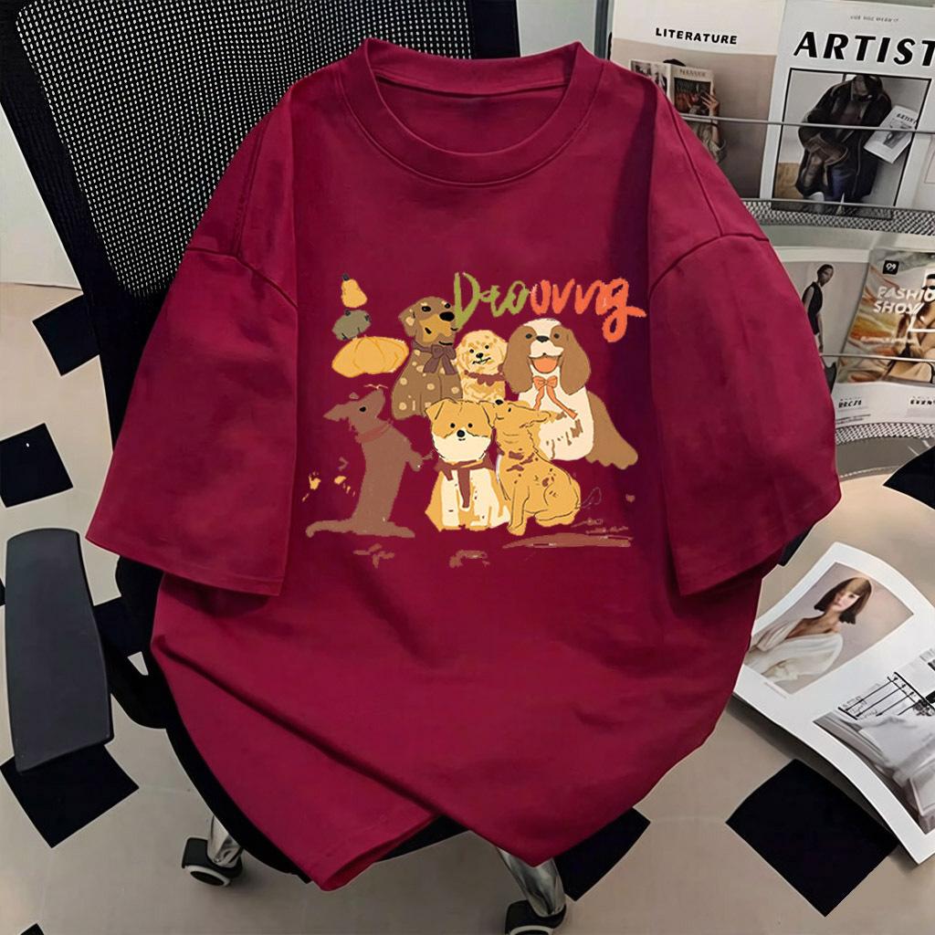 Women Cute Dog Graphic Print Cotton Short Sleeve T-Shirt Loose Oversized Round Neck Basic Tee Plus Size Casual Summer Tops