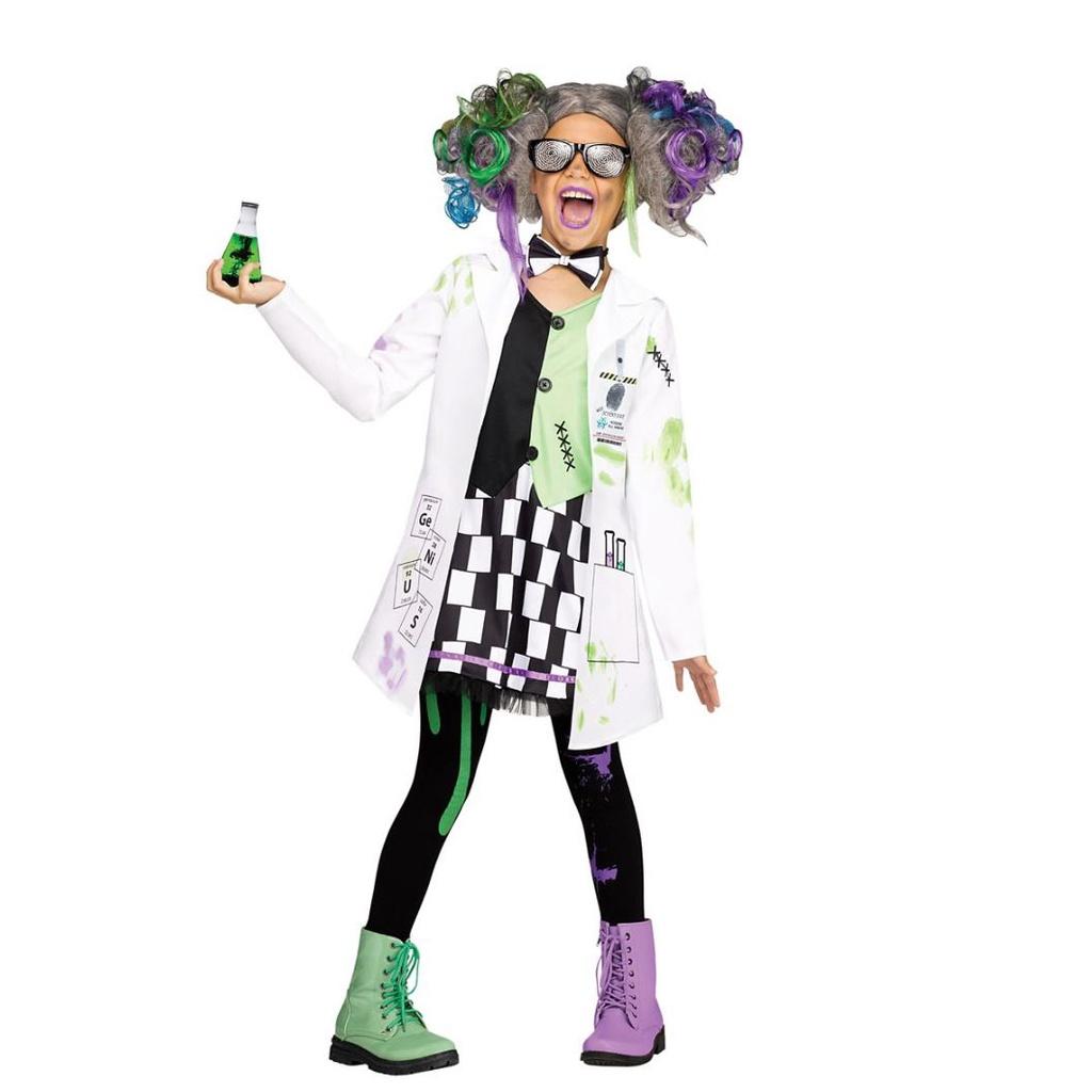 Mad Halloween Scientist Costume Girls Boys Uniform Cosplay Set For Kid Role Play