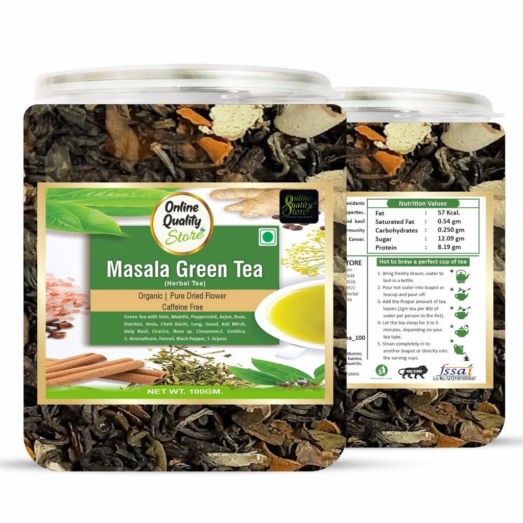 Online Quality Store Natural Masala Green Tea - 100g | Blended with Ayurvedic Herbs | Whole Leaf Blend