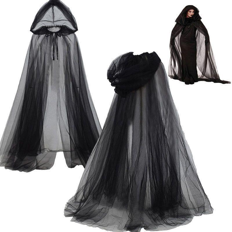 Halloween Witch Cloak With Hooded Tulle Cape Cosplay Costume Women Vampire Reaper Role Play Party
