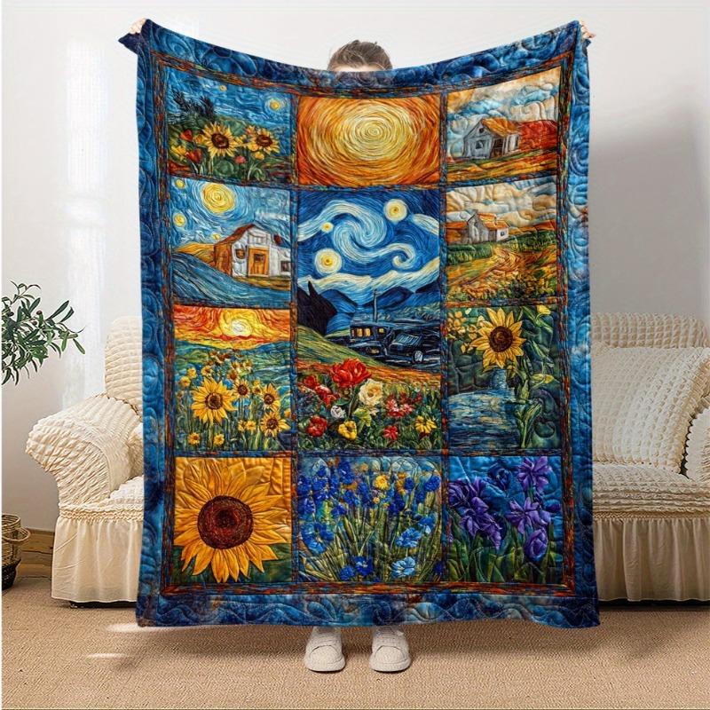 1pc Van Gogh Masterpiece Puzzle Flannel Blanket Soft Warm with Starry Night Sunflowers Office Travel Cozy Gift for Art Lovers