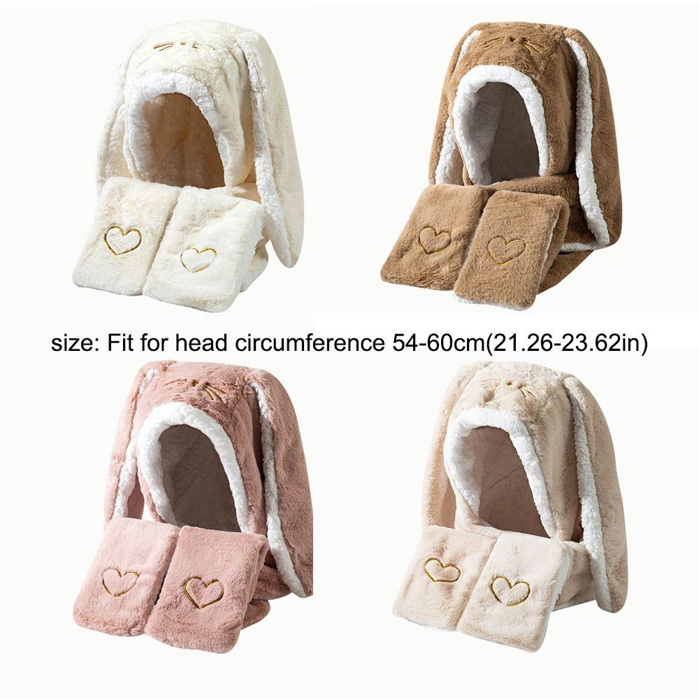 Faur Fur Cartoon Hat Cold Protection Winter Warmt Big Rabbit Ears Hat Thickened Hat Scarf Glove One Piece Set For Women Girls