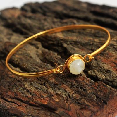 Moonstone Yellow Gold Plated Bangle Bracelet Solid 925 Sterling Silver June Birthstone Handmade Jewelry