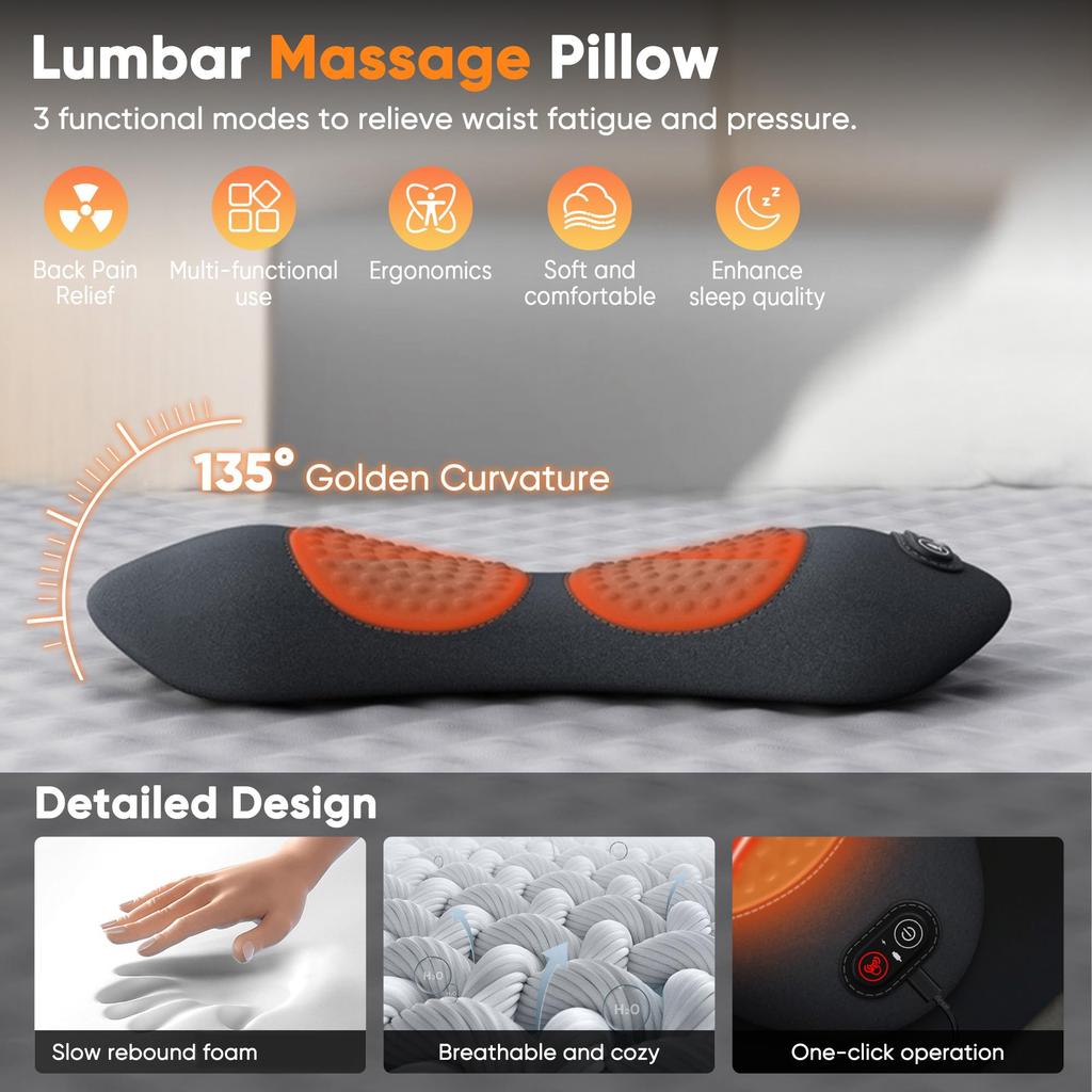 3 in 1 Upadate Rechargeable Electric Lumbar Support Pillow with Adjustable Height for Bed and Chair,Back Massager with Heat