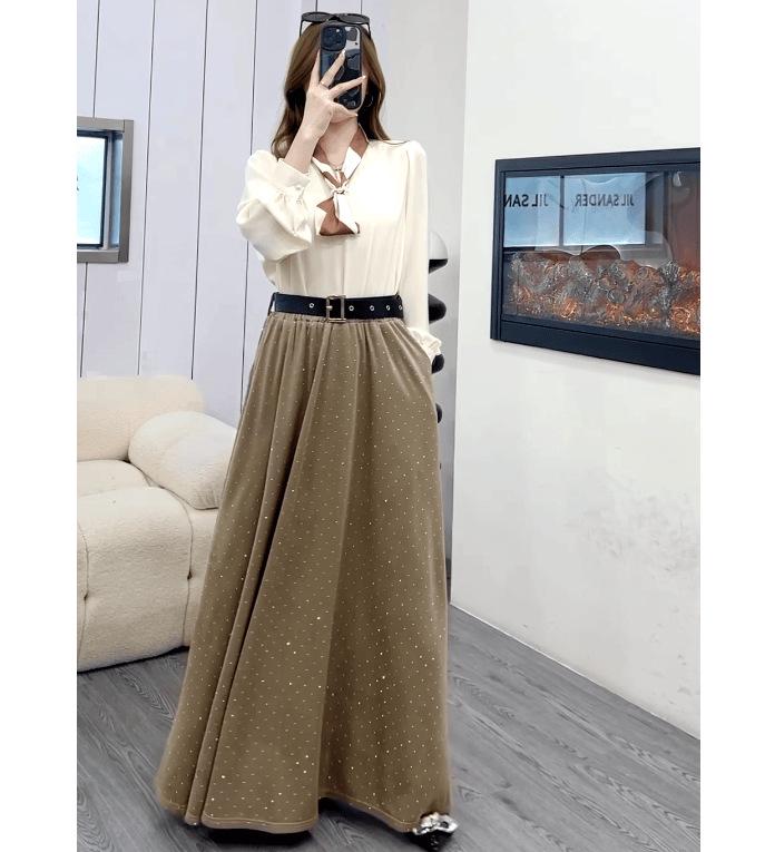 Women's Rhinestone High Waist Mid-Length A-Line Skirt with Large Hem