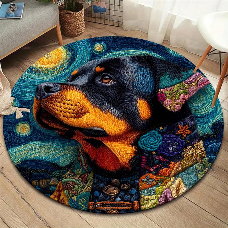 

Oil painting style Starry Night and PuppyRound Area Rug,Carpet Rug for Living Room Bedroom Sofa Playroom Decor,Non-slip Floor Mat 80cmx80cm