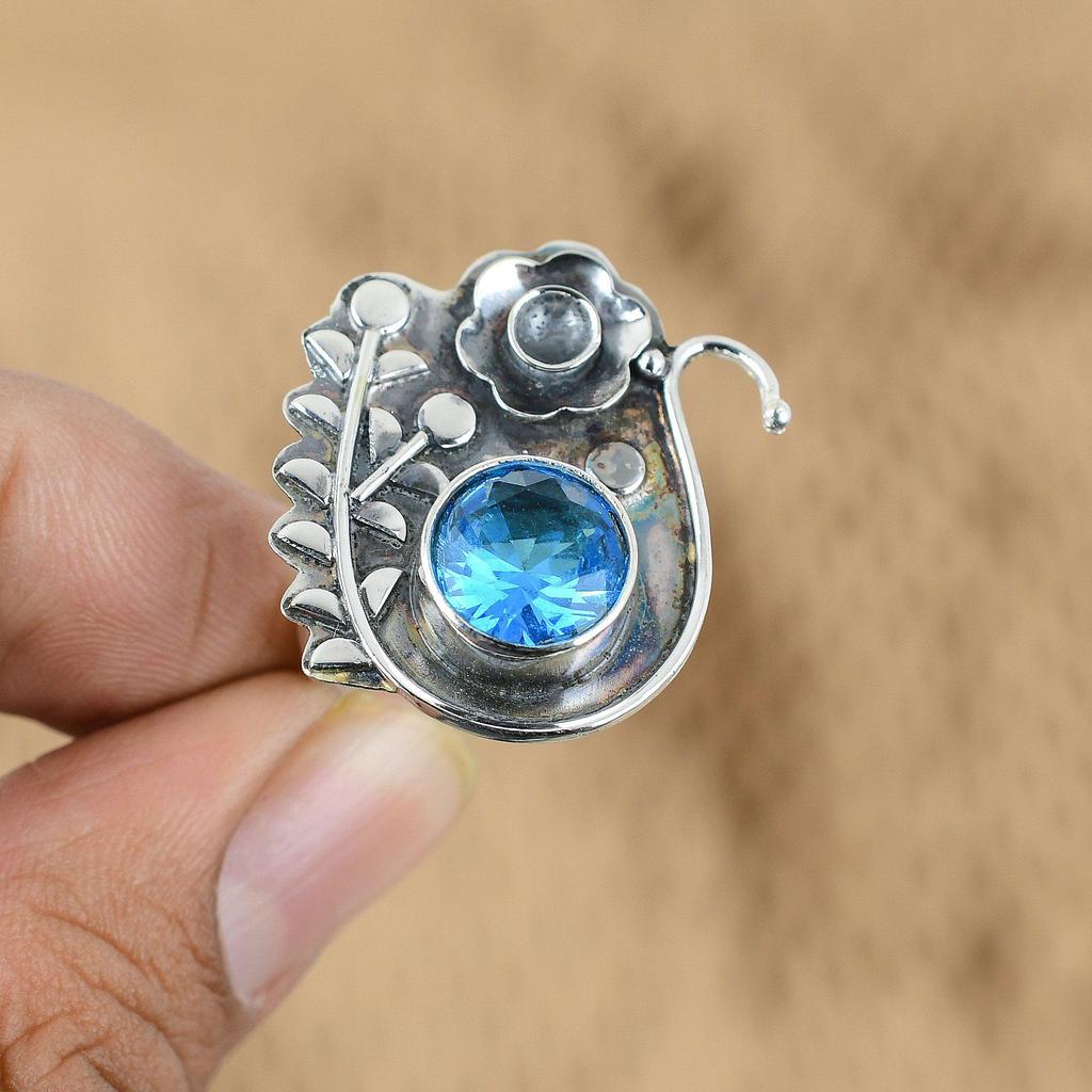 Mothers day Sale Round Swiss Blue Topaz Stone Flower Ethnic Ring Sterling Silver
