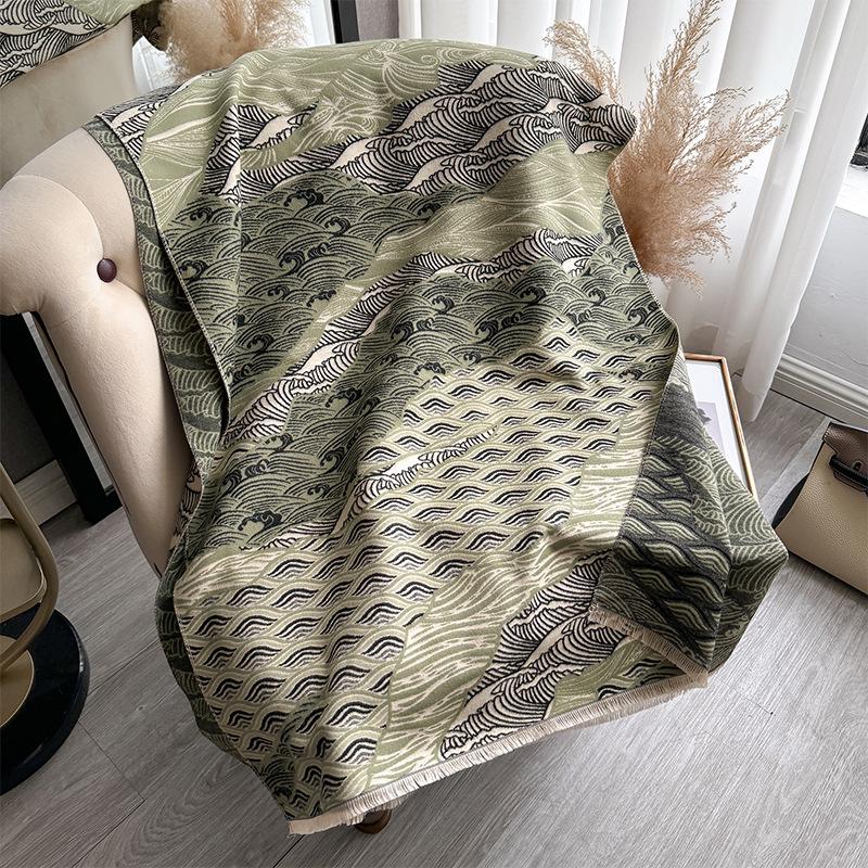 Imitation cashmere scarf, Guochao wave lines, high-end sense, double-sided landscape painting, warm shawl