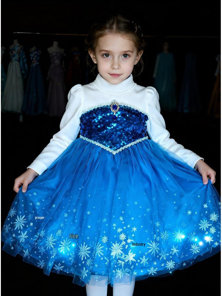 Glitzerndes leuchtendes Elsa Prinzessinnenkleid für Mädchen - Beflockter Herbst-/Winter-Halloween-Stil