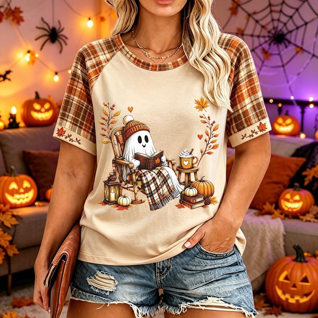 Women's Plus Size Casual Short Sleeve Neck T-Shirt with Halloween Print
