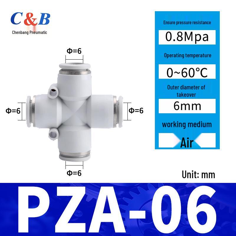 Pneumatic Nylon Air Hose Quick Connect Fittings: PU Straight, PY 5-Way, Cross 4-Way, PZA 3-Way, PE Connector with White/Blue Cap