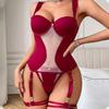 Set lenjerie intimă de damă 3 piese Sexy Push Up Sutien Plasă franceză Respirabil Topuri tip sling Burgundy Lenjerie intimă Sutiene și tanga cu bretele pe picior