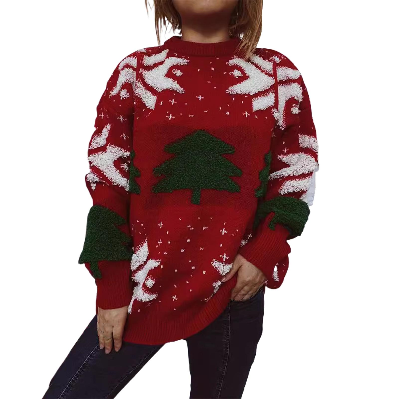 

Женская мода осень и зима рождественский свободный круглый вырез пуловер вязаный свитер L красный