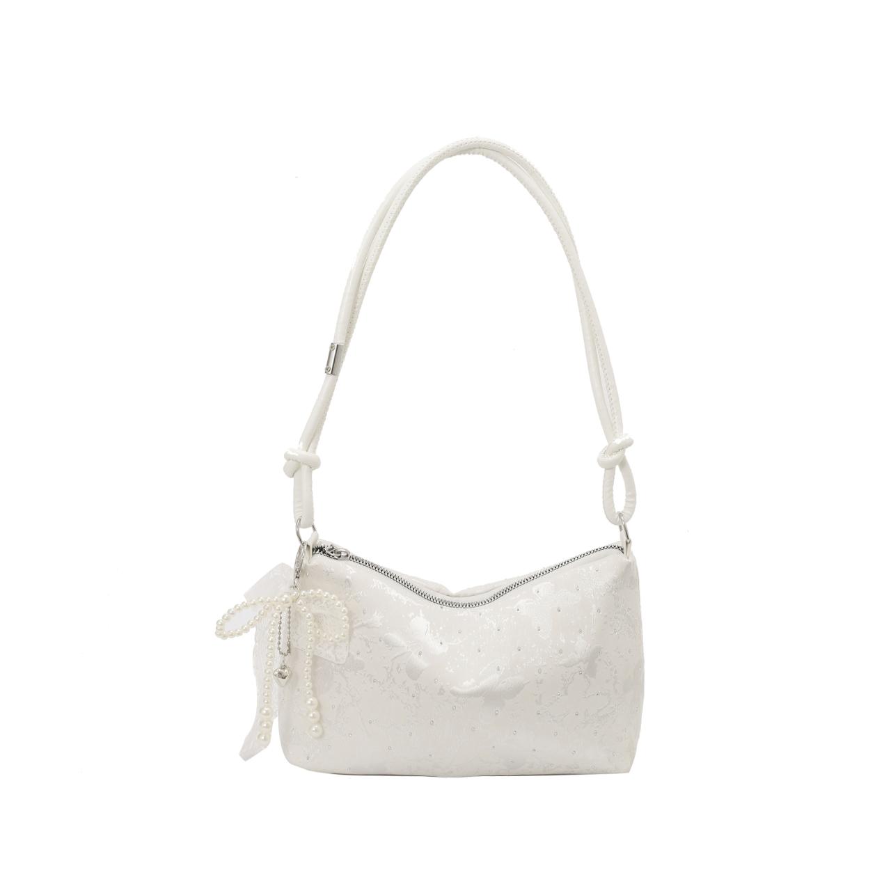 

2026 New White Lace Hobo Shoulder Bag Elegant Floral Jacquard Underarm Purse with Pearl Tassel Romantic Evening Handbag білий