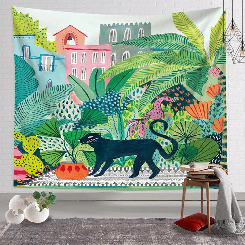 Animal King Forest Tiger Tapestry Wall Hanging Tropical Palm Plant Flower Bohemian Tapestry Home Decoration Yoga Mat Blanket