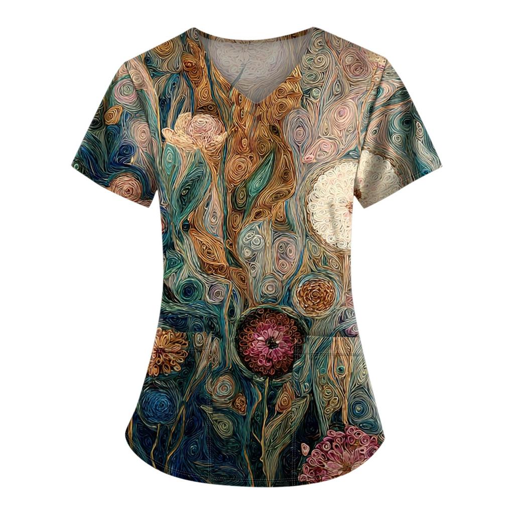 Plus Size Printed Scrub Working Uniform Tops For Women's V-Neck Print Short Sleeve Fun T-Shirts Workwear Tee With Pockets