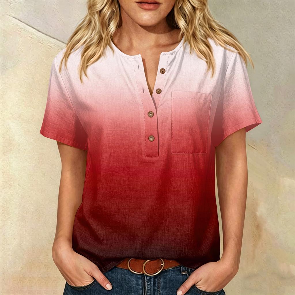 Women’s Fashion Printed Henley Button Neck Short Sleeve Cotton Linen Shirt with Chest Pocket Gradient Design Loose Fit Top