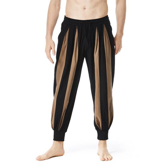 Men Pants Cotton Linen Casual Trousers Loose Fit Elastic Waist Color Block Design Relaxed Fit Long Pants Daily Wear