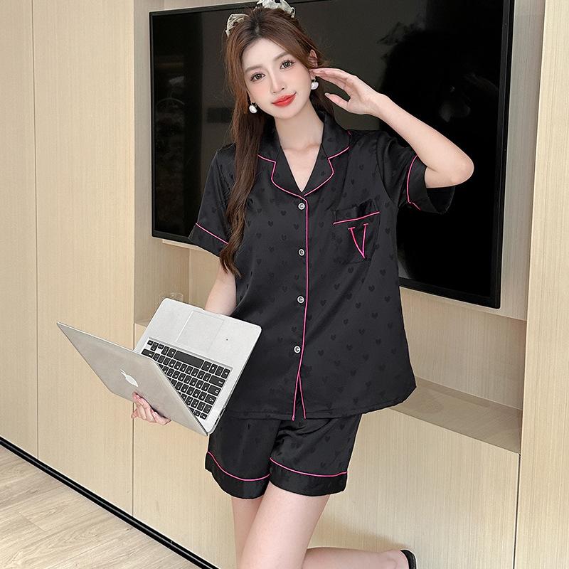Love Jacquard Letter Ice Silk Pajamas Women'S Summer Short-Sleeved Suit Pure Desire Wind Loungewear Can Be Worn Outside
