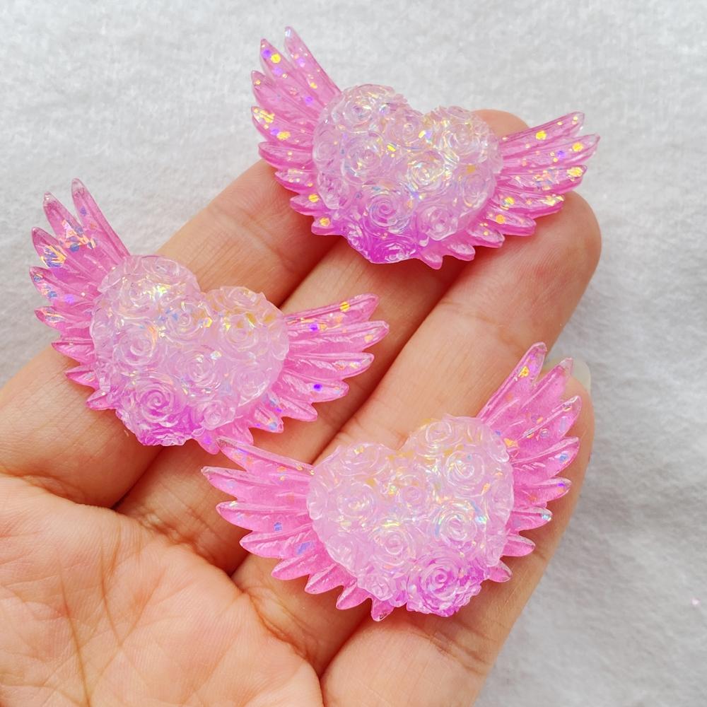 6Pcs Cute Resin Sparkling Colored Rose With Heart-shaped Wings Flat Back Scrapbooking DIY Jewelry Craft Decoration Accessories