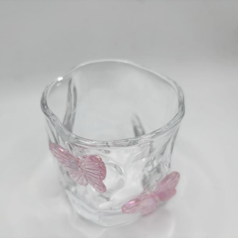 Pink Butterfly Irregular High Beauty Transparent Crystal Glass Cup Cold Drink Cup Twist Cup  Household Juice Whiskey Glass 250ml