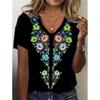 Retro Ethnic Style 3D Digital Printed Women's Casual and Comfortable V-neck Short Sleeved T-shirt