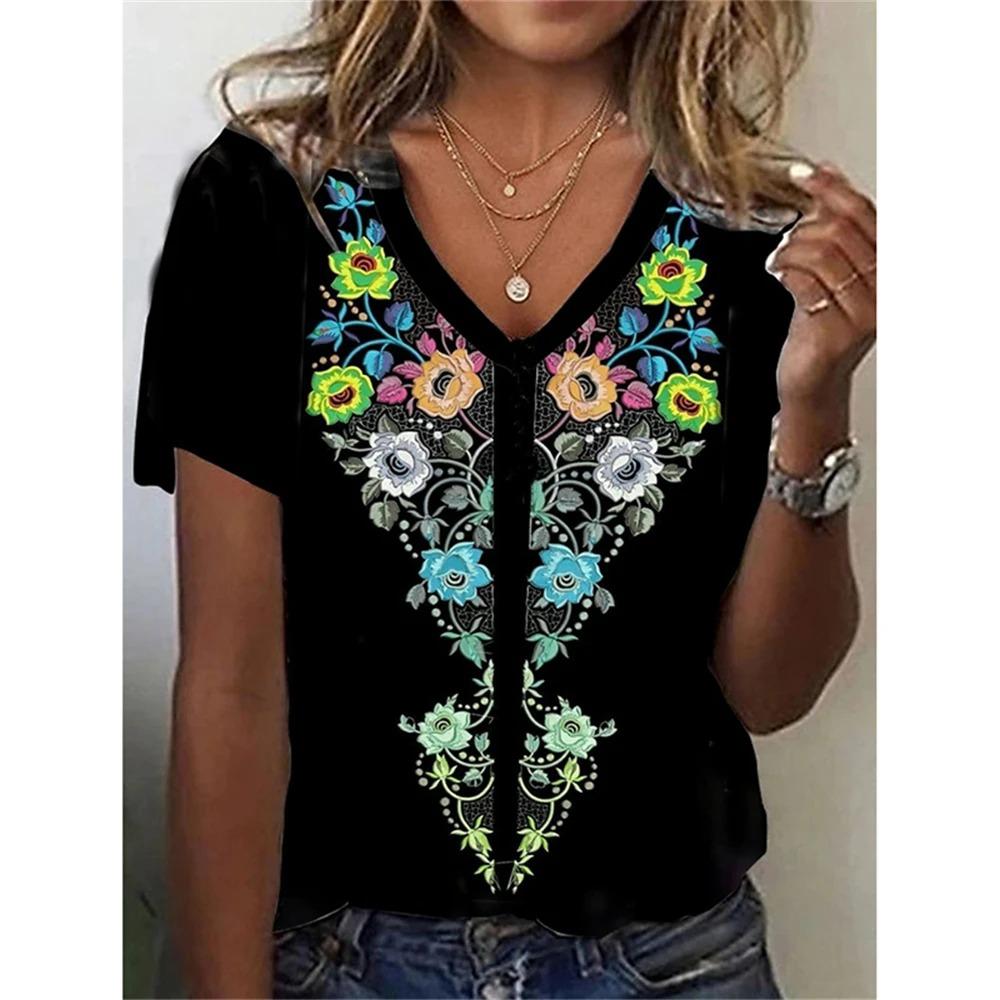 Retro Ethnic Style 3D Digital Printed Women's Casual and Comfortable V-neck Short Sleeved T-shirt