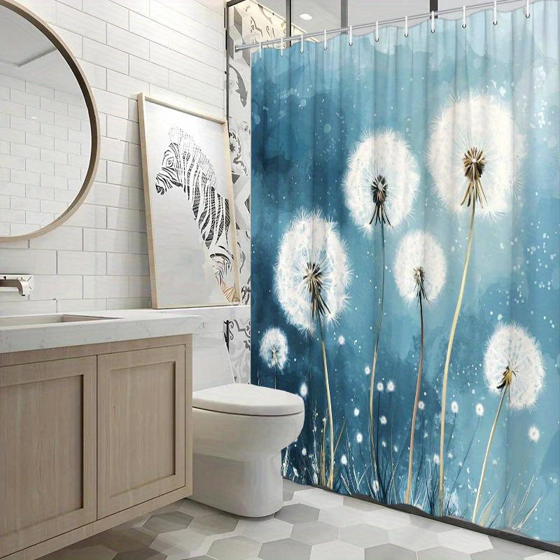 1Pc Dandelions In Blue Breeze Shower Curtain - 5 Dandelions, Seed Dispersal, Abstract Blue Background, 70.8X70.8", 12 Hooks