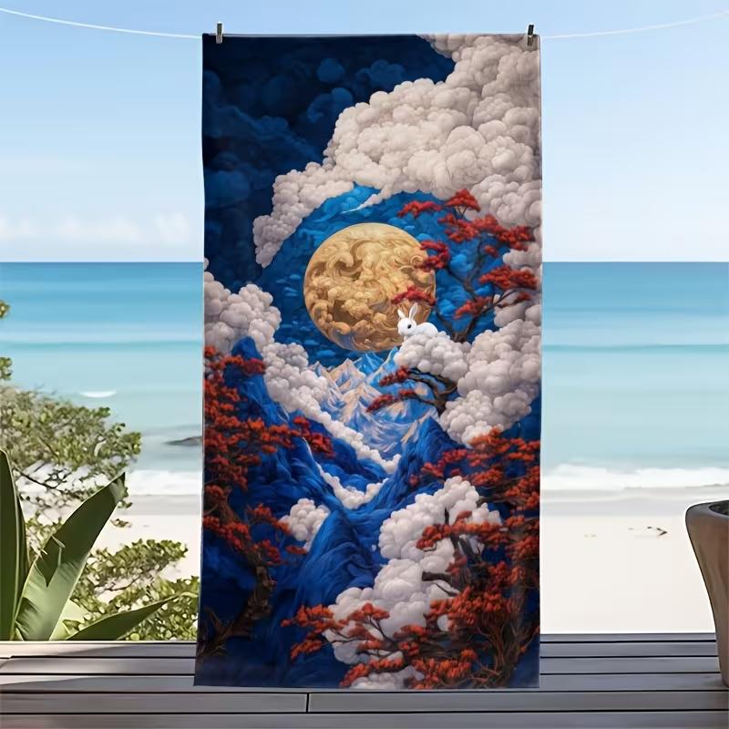 Purple Night Ocean Wave Beach Towel Large Soft Absorbent Towel Illustration Style Wave Cherry Blossoms Mount Fuji Print Towel