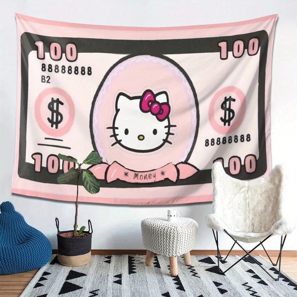 Sanrio Hello Kitty 100 Bill Printed Tapestry Wall Art Decor for Girls Dorm Bedroom Home