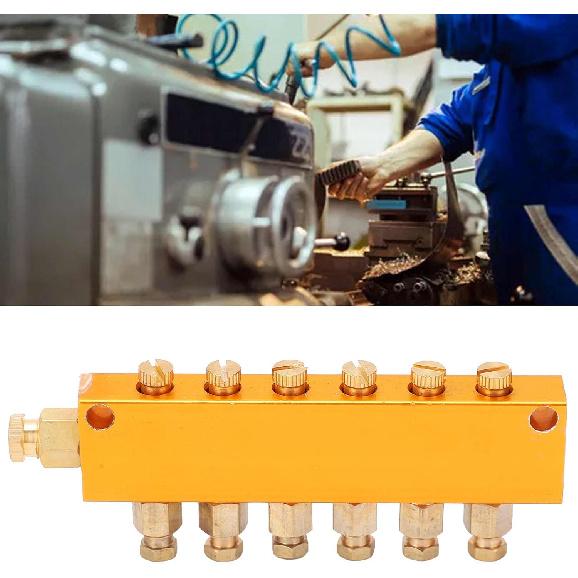 Brass Oil Distributor 5/6 Way Adjustable Lube Oil Piston Distributor Value Manifold Block for Centralized Lubrication System(1 in 6 Out)