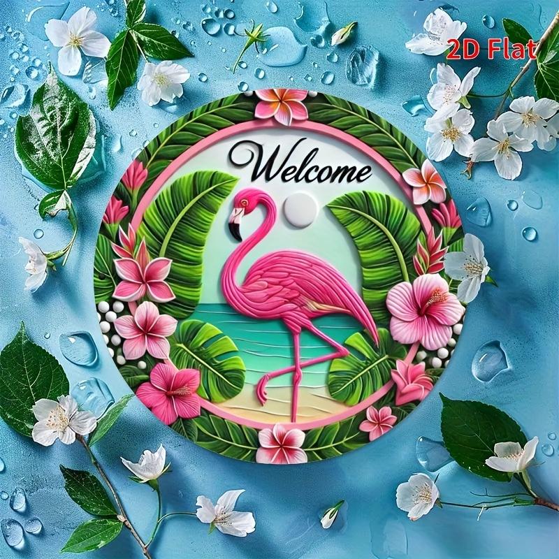 Tropical Flamingo Welcome Sign with Plumeria Flower Metal Tin