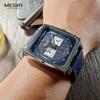 Megir Square Dial Chronograph Quartz Watches for Men Fashion Blue Leather Strap Casual Sport Wristwatch with Date 24-hour 2182