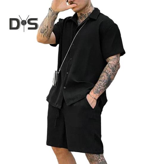 

2 шт./комплект мужской повседневный наряд рубашка с коротким рукавом с лацканами эластичный пояс завязка широкие шорты комплект однотонный спортивный костюм XL чёрный