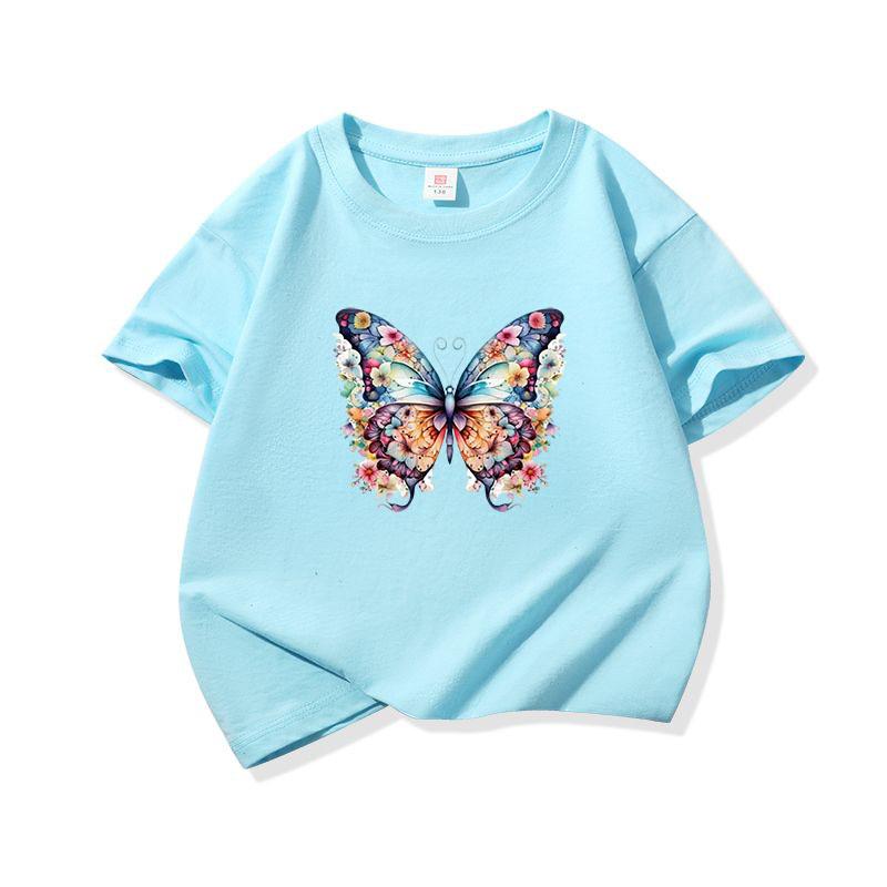 Kids Cotton T Shirt Colorful Floral Pattern Butterfly Print Crew Neck Short Sleeve Tee Casual Boys Girls Summer Tops