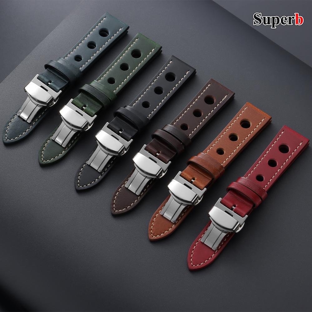 Genuine Cowhide Watchband for Omega Business Watch Band for Seiko 20mm 22mm Butterfly Buckle Stitching Brown Strap for Men Women