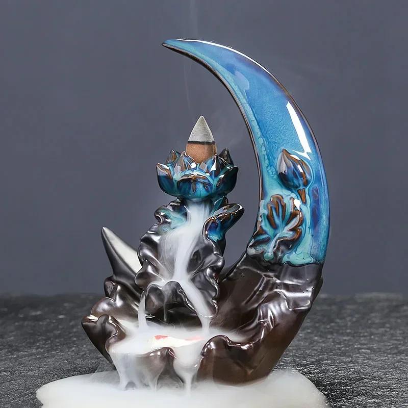 Kreativer Räuchergefäß aus Keramik für Ramadan mit Rückfluss-Wasserfall-Design zur Heimdekoration, Mond- und Lotusmuster (Ohne Weihrauch)