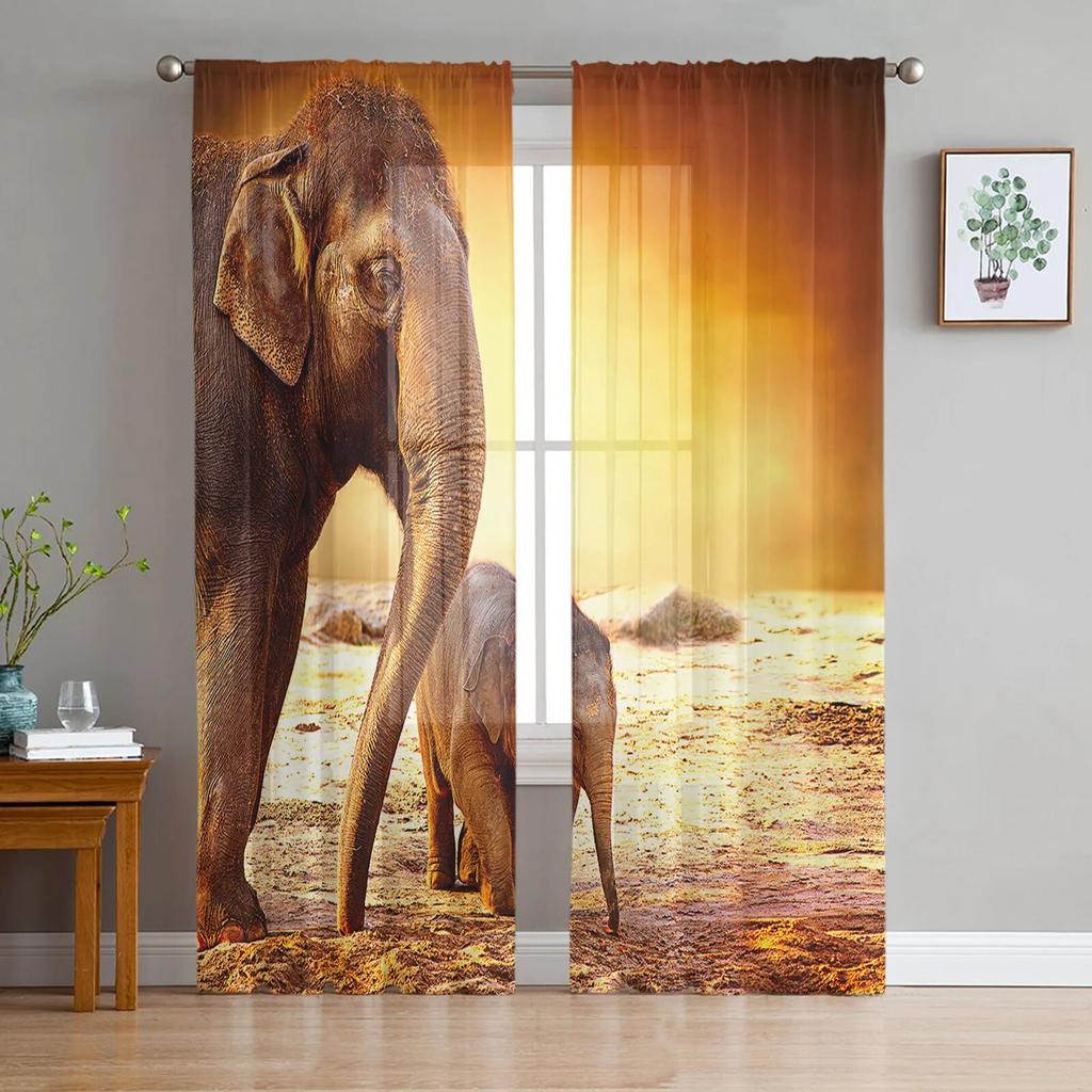 Tier-Elefant-Grasland-Tüllvorhänge für Wohnzimmer, Schlafzimmer, moderne, durchsichtige Chiffon-Küchenvorhänge
