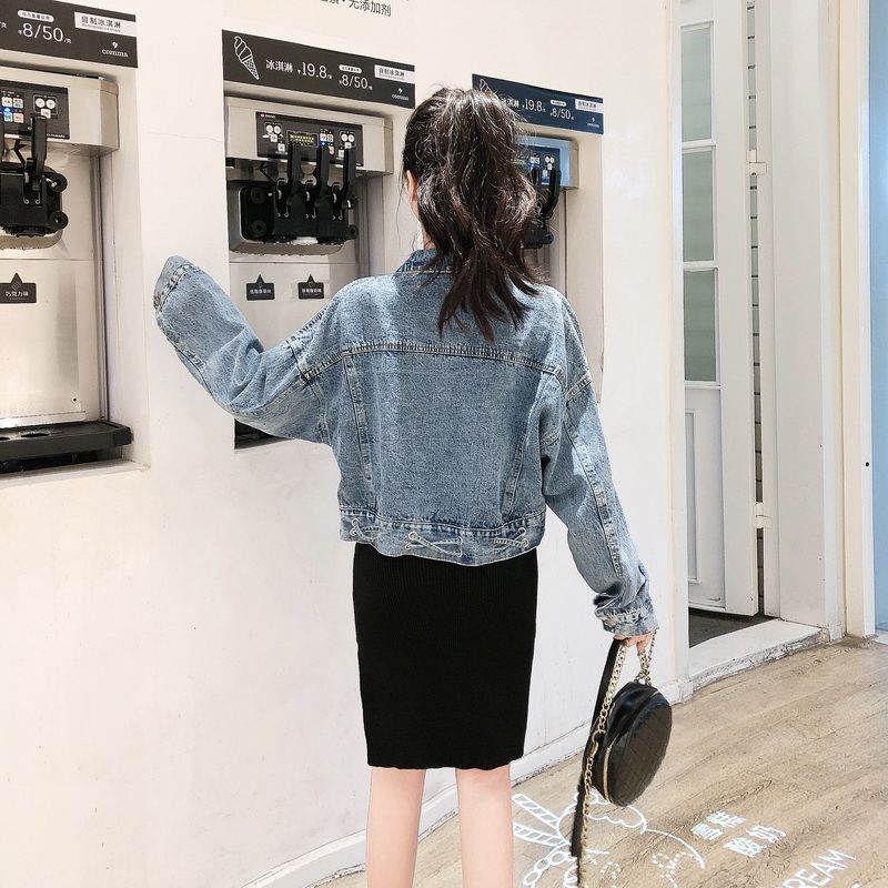 Spring and Autumn Denim Short Jacket Female Students Korean Version of Loose Lacing Hong Kong Style All Metch Tops