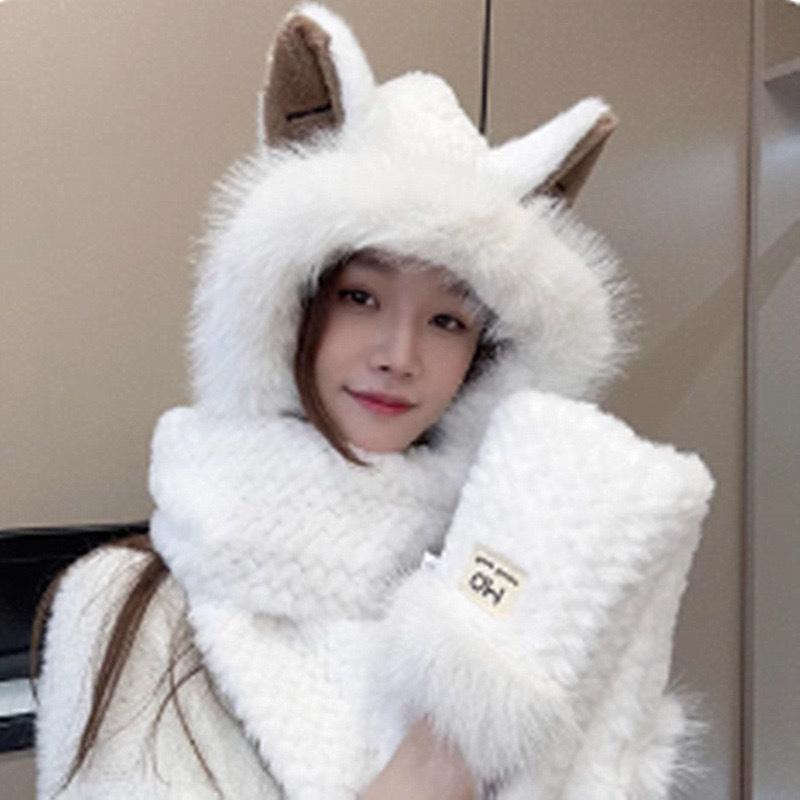 Hat women's winter scarf gloves integrated hat fox ears cold warm plush hat cute versatile pullover hat