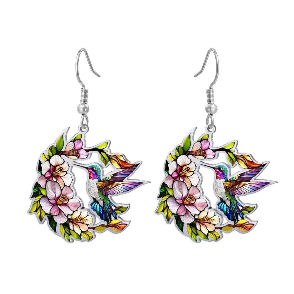 Set de Broche y Collar de Colibrí Colorido con Diseño de Pájaro en Acero Inoxidable, con Pendientes Resistentes al Descoloramiento y Anillo de Gancho