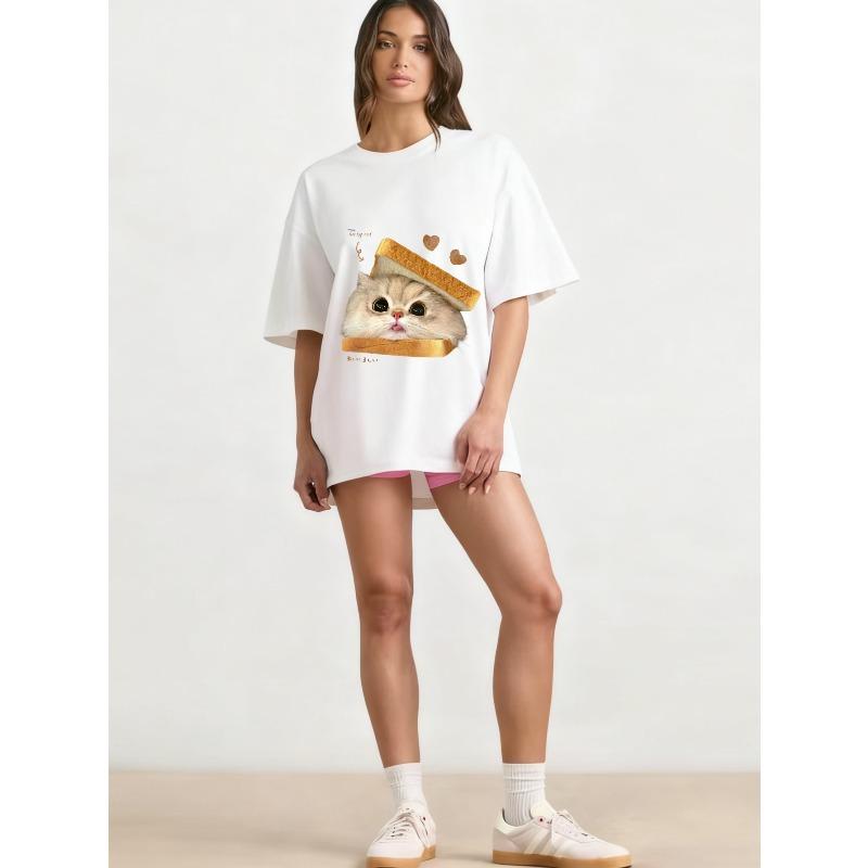 Oversized T Shirt Black Cat With Toast Print And Text For Casual Wear