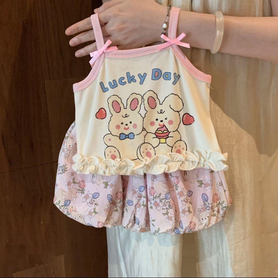 Cute Girls Summer Cartoon Camisole And Plaid Bloomer Shorts Set Toddler Baby Two Piece Outfit 90cm